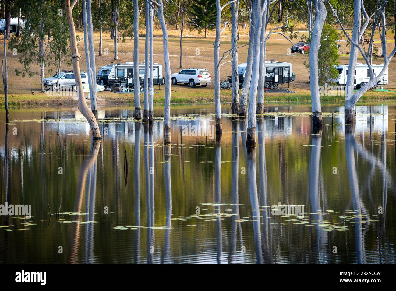 Caravans camping on backs of freshwater dam, Childers, Queensland Australia Stock Photo