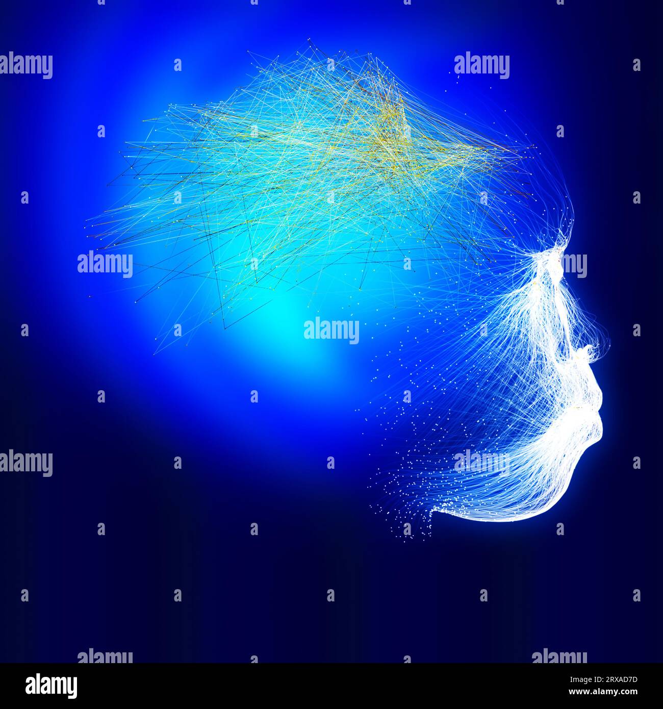 Neuronal interconnections, brain and communication. Mind and thought. Neurons and electrical impulses. Face, side view. 3d rendering Stock Photo