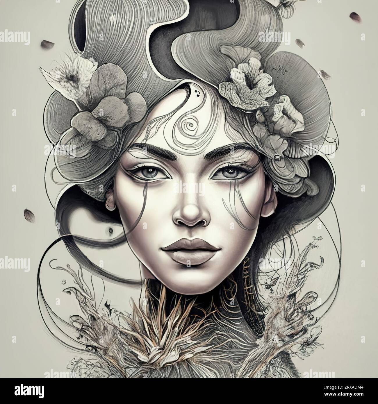 Craft a mesmerizing portrait in a oneline ink drawing style, black ink