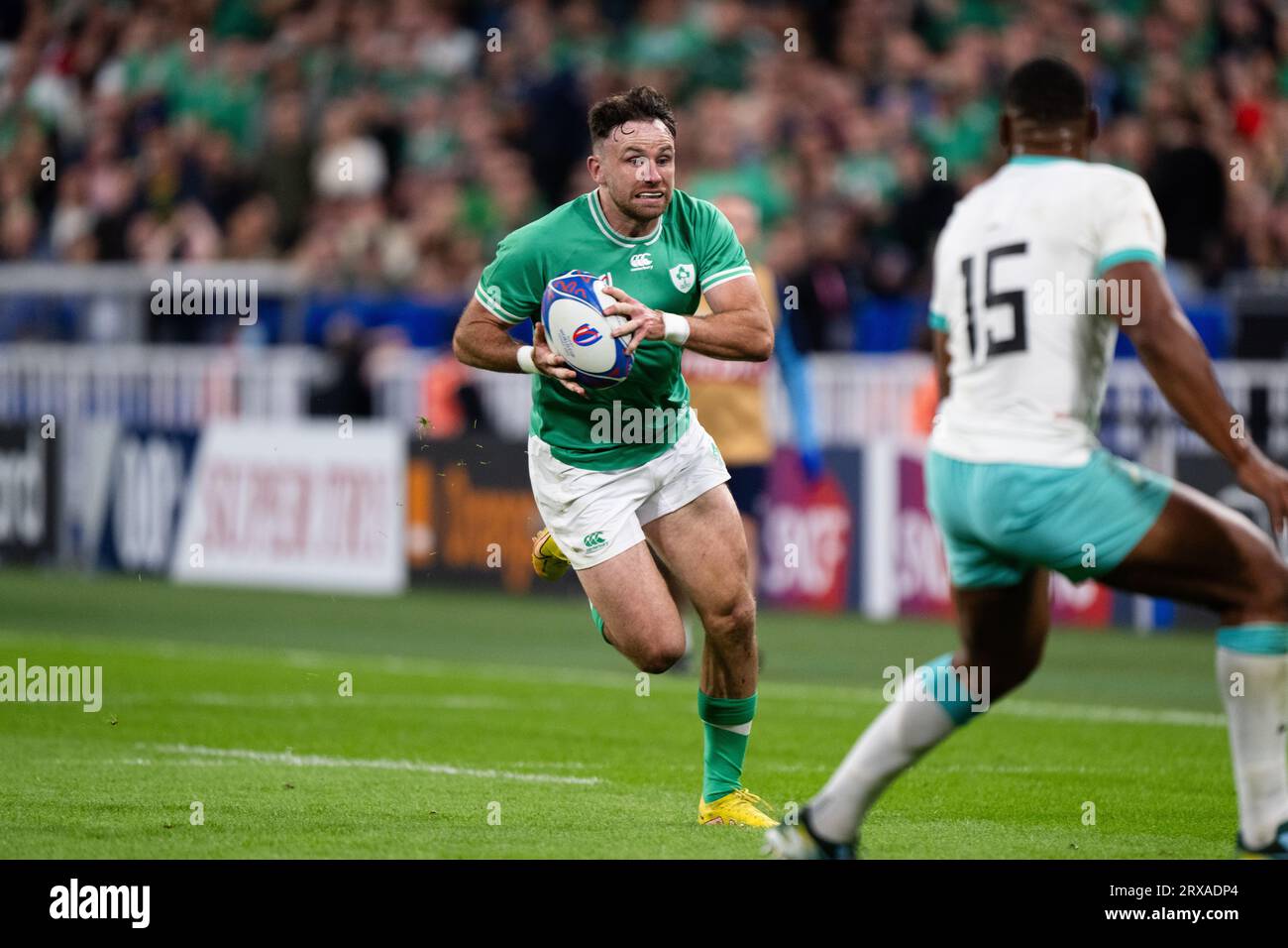 Hugo Keenan (IRL) during the 2023 Rugby World Cup Pool B match between South Africa and Ireland at the Stade de France in Saint-Denis, France on September 23, 2023. Credit: Yuka Shiga/AFLO/Alamy Live News Stock Photo
