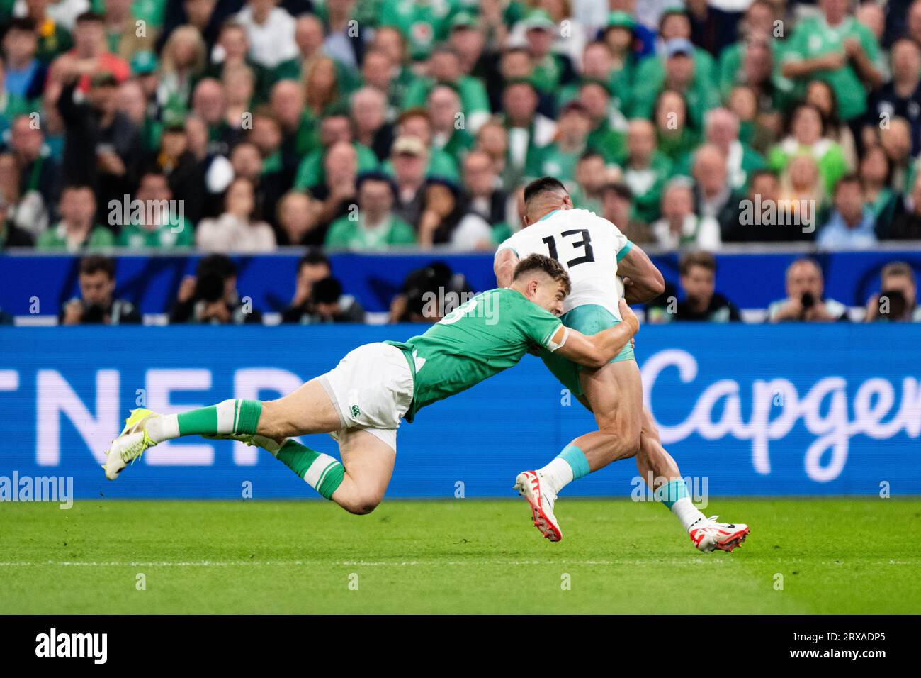 Garry Ringrose (IRL) during the 2023 Rugby World Cup Pool B match between South Africa and Ireland at the Stade de France in Saint-Denis, France on September 23, 2023. Credit: Yuka Shiga/AFLO/Alamy Live News Stock Photo