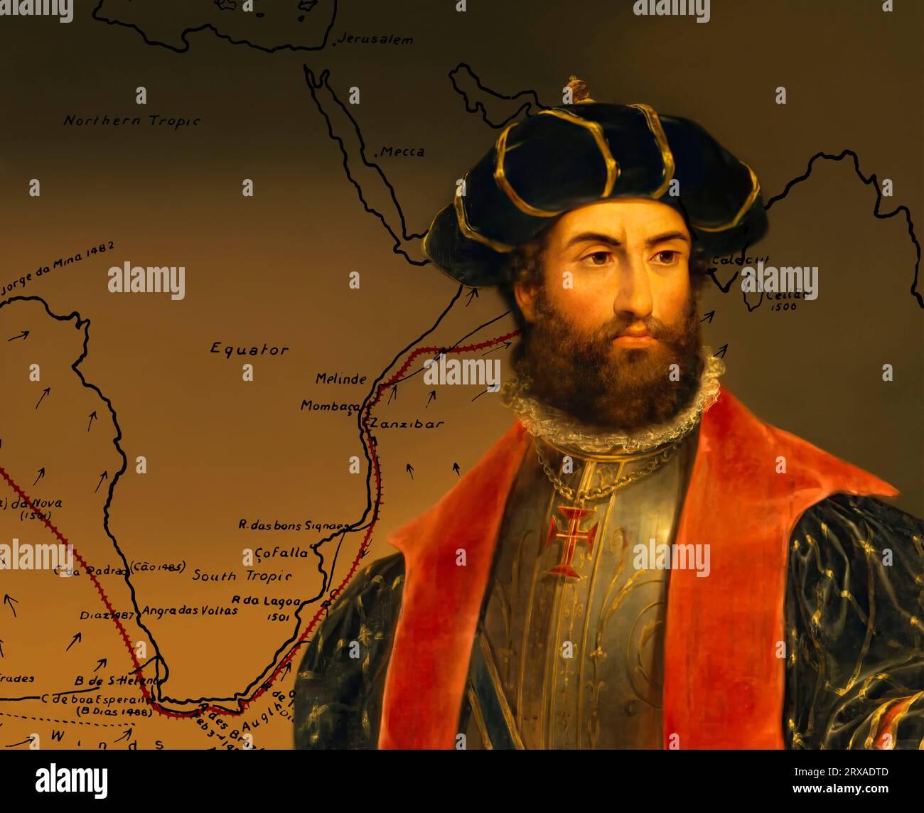 Map of the first voyage and portrait of Vasco da Gama, c. 1460s 1524, Portuguese explorer