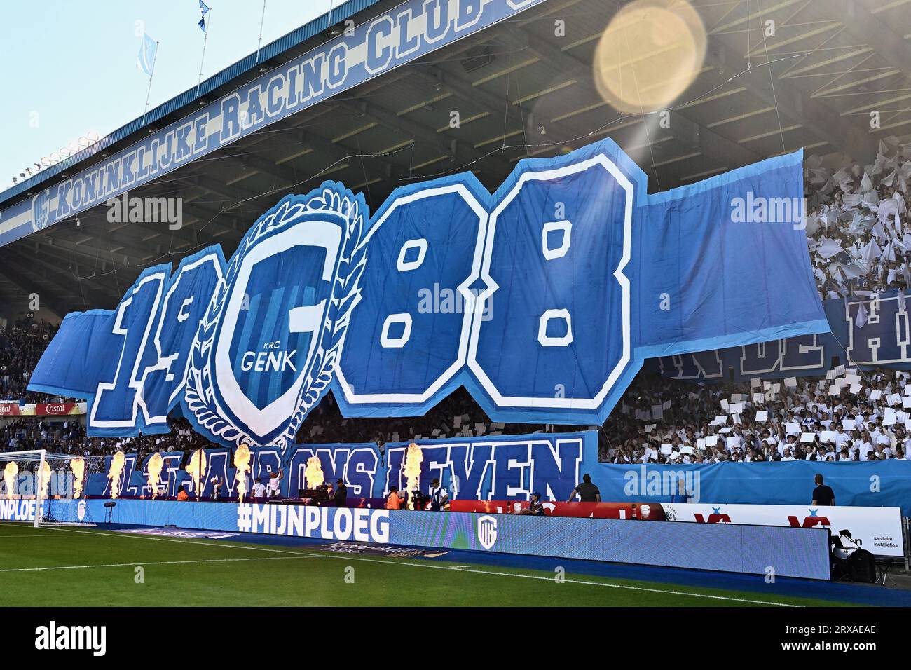 Tifo of KRC Genk pictured before a soccer match between KRC Genk and Sint-Truidense VV, Sunday 24 September 2023 in Genk, on day 08 of the 2023-2024 season of the 'Jupiler Pro League' first division of the Belgian championship. BELGA PHOTO JOHAN EYCKENS Stock Photo