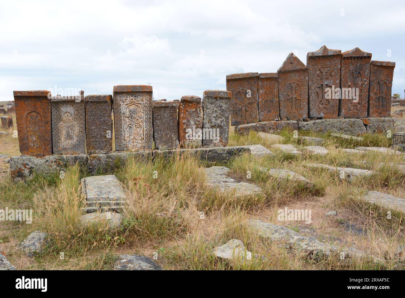 Ancient khachkars. Noratus cemetery. Gegharkunik province. Armenia Stock Photo