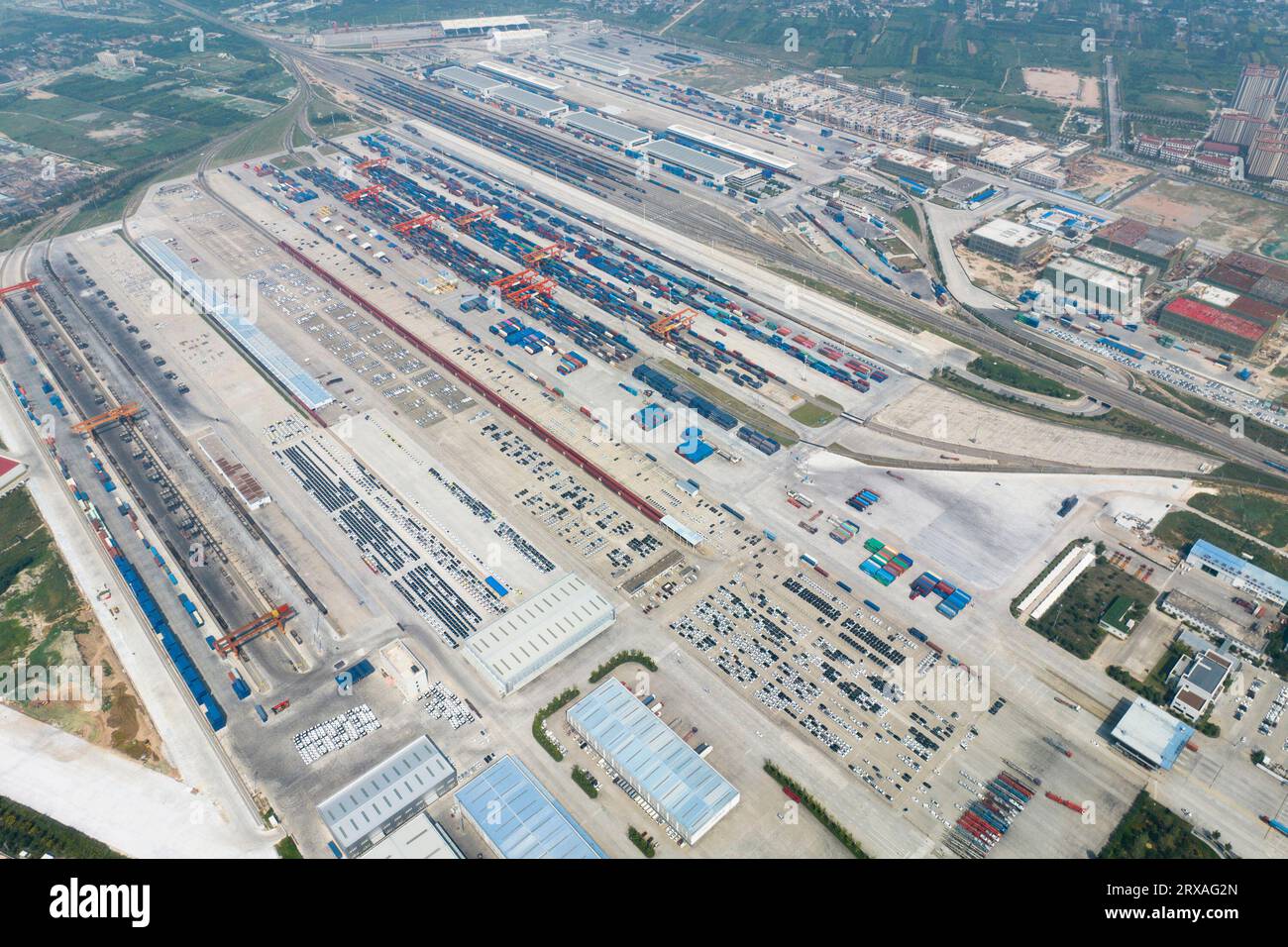 Xi'an. 7th Sep, 2023. This aerial photo taken on Sept. 7, 2023 shows Xi'an International Port in Xi'an, northwest China's Shaanxi Province. The Chang'an China-Europe freight train service was launched in 2013, when China proposed the Belt and Road Initiative. In the past ten years, Xi'an International Port, the starting station of the Chang'an China-Europe freight trains, has been developed from a small cargo station to an international logistic hub. Credit: Shao Rui/Xinhua/Alamy Live News Stock Photo