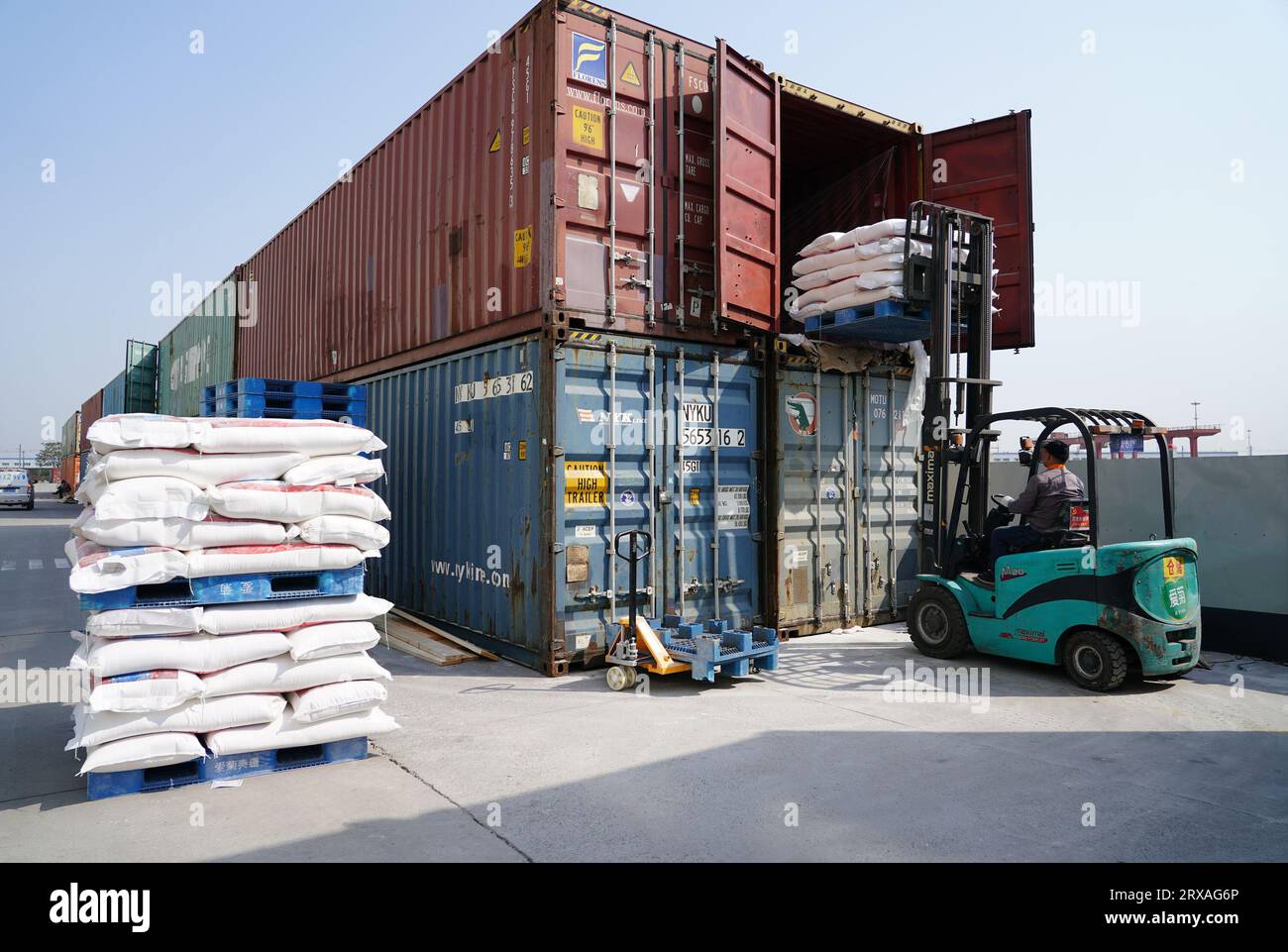 (230924) -- XI'AN, Sept. 24, 2023 (Xinhua) -- A worker drives a forklift to unload imported flour transported from abroad via the Chang'an China-Europe freight trains near Xi'an International Port in Xi'an, northwest China's Shaanxi Province, April 8, 2020. The Chang'an China-Europe freight train service was launched in 2013, when China proposed the Belt and Road Initiative. In the past ten years, Xi'an International Port, the starting station of the Chang'an China-Europe freight trains, has been developed from a small cargo station to an international logistic hub. (Xinhua/Shao Rui) Stock Photo