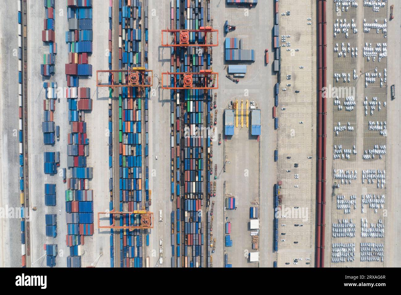 Xi'an. 7th Sep, 2023. This aerial photo taken on Sept. 7, 2023 shows a view of Xi'an International Port in Xi'an, northwest China's Shaanxi Province. The Chang'an China-Europe freight train service was launched in 2013, when China proposed the Belt and Road Initiative. In the past ten years, Xi'an International Port, the starting station of the Chang'an China-Europe freight trains, has been developed from a small cargo station to an international logistic hub. Credit: Shao Rui/Xinhua/Alamy Live News Stock Photo