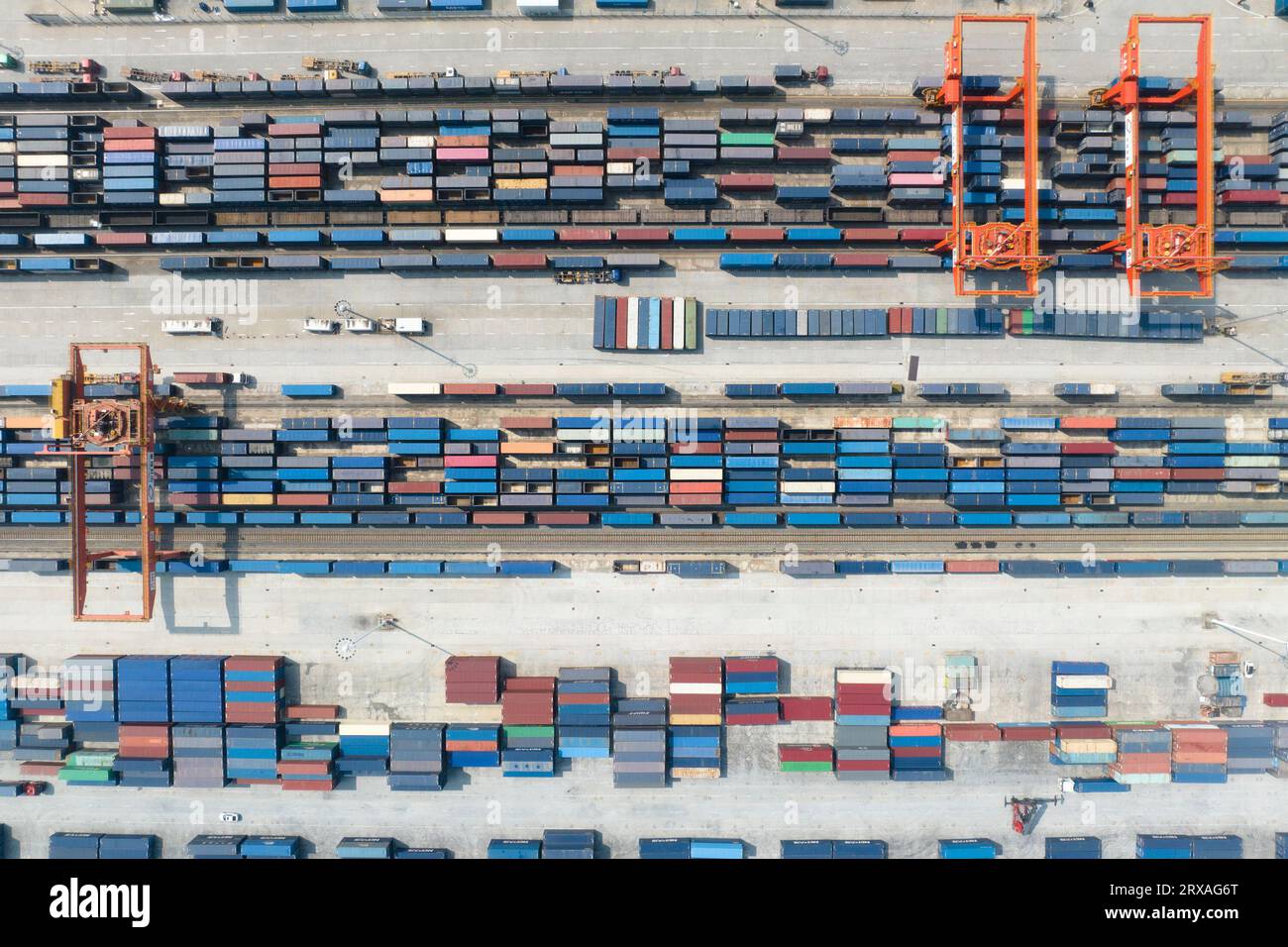 Xi'an. 7th Sep, 2023. This aerial photo taken on Sept. 7, 2023 shows a view of Xi'an International Port in Xi'an, northwest China's Shaanxi Province. The Chang'an China-Europe freight train service was launched in 2013, when China proposed the Belt and Road Initiative. In the past ten years, Xi'an International Port, the starting station of the Chang'an China-Europe freight trains, has been developed from a small cargo station to an international logistic hub. Credit: Shao Rui/Xinhua/Alamy Live News Stock Photo