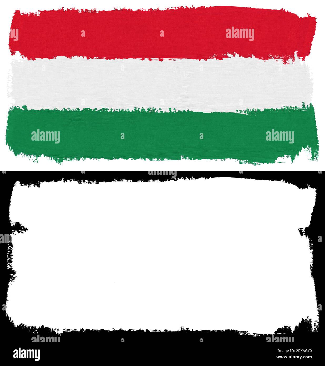 Flag of Hungary paint brush stroke texture isolated on white background with clipping mask (alpha channel) for quick isolation. Stock Photo