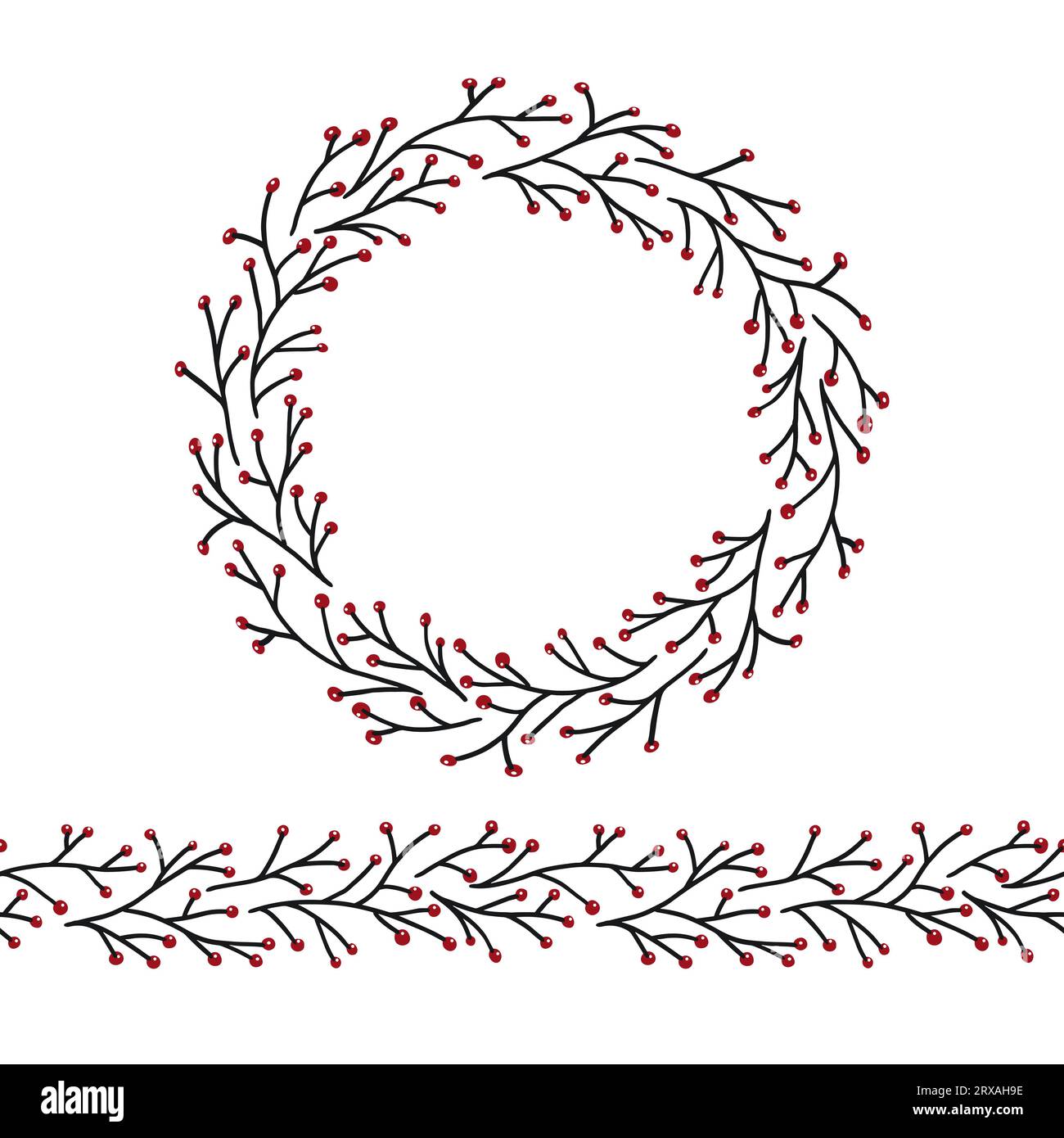 Winter berry branch circle wreath and seamless boarder for card or invitations, scrapbook in delicate pastel color. Vector background frame, isolated Stock Photo