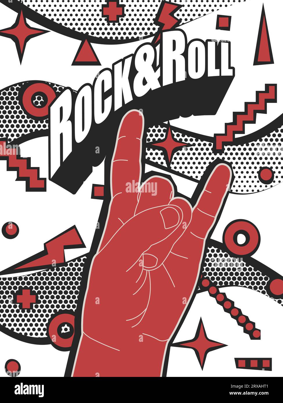 Poster for rock events and parties with the horns gesture used in rock and heavy metal, in bright colors on an abstract background and bold typography Stock Vector