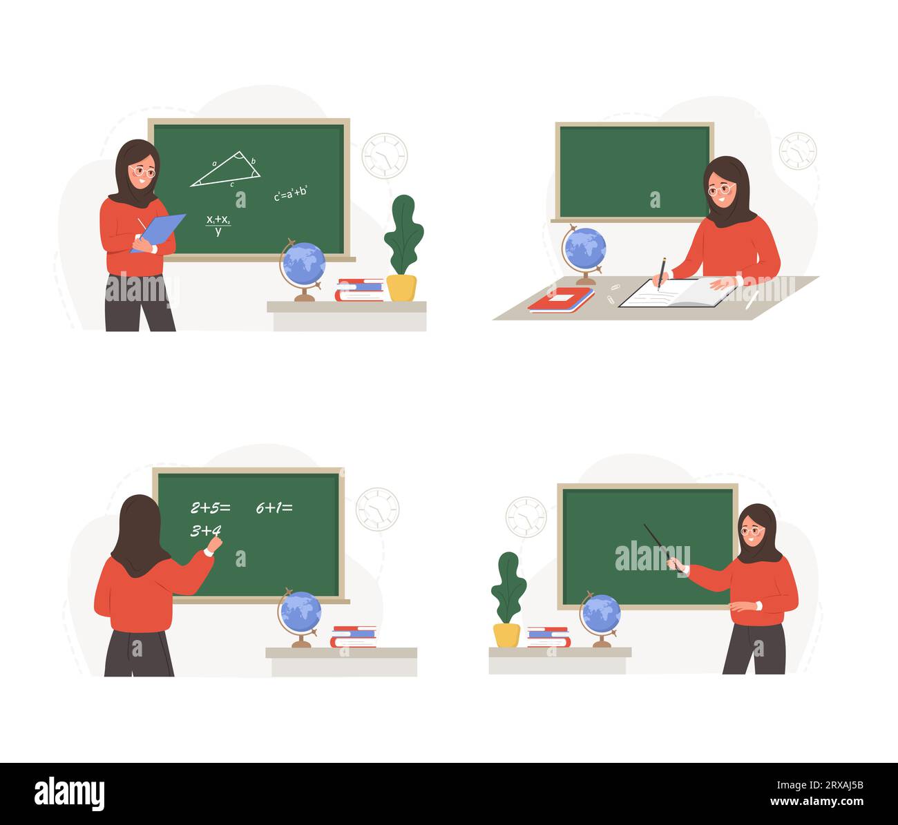 Arabian female teachers in classroom set. Different women characters in hijab at lecture at chalkboard. School and college concept. Vector Stock Vector