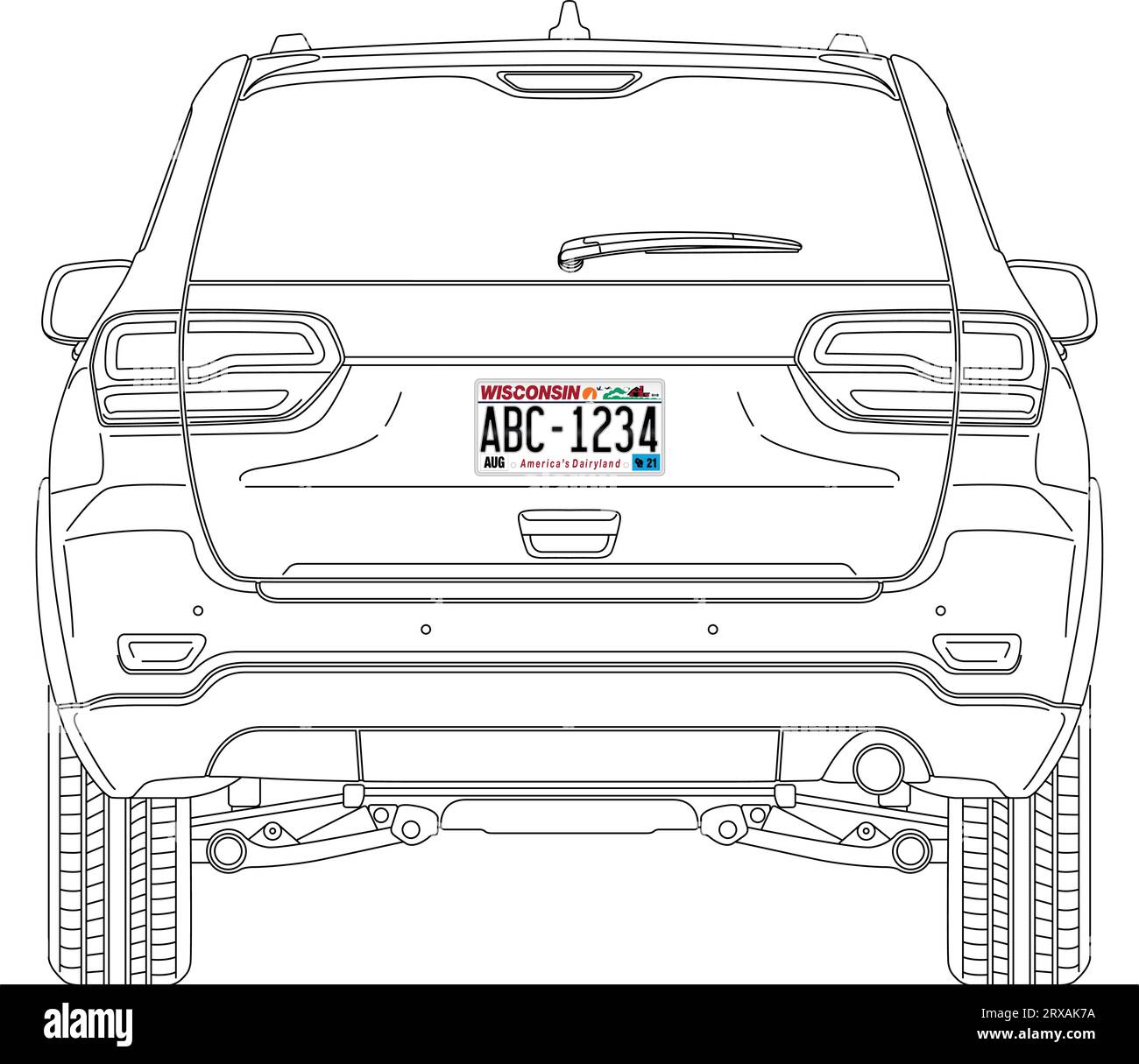 Wisconsin State car license plate in the back of a car, USA, United States, vector illustration Stock Vector
