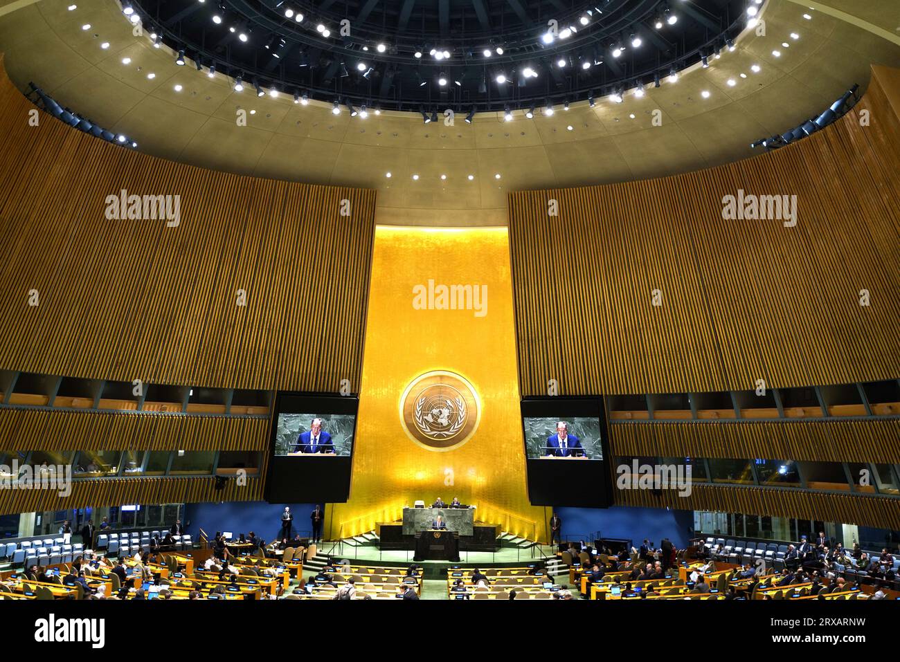 United Nations. 23rd Sep, 2023. Russian Foreign Minister Sergei Lavrov delivers a speech at the General Debate of the 78th session of the UN General Assembly at the UN headquarters in New York, Sept. 23, 2023. Credit: Wu Xiaoling/Xinhua/Alamy Live News Stock Photo
