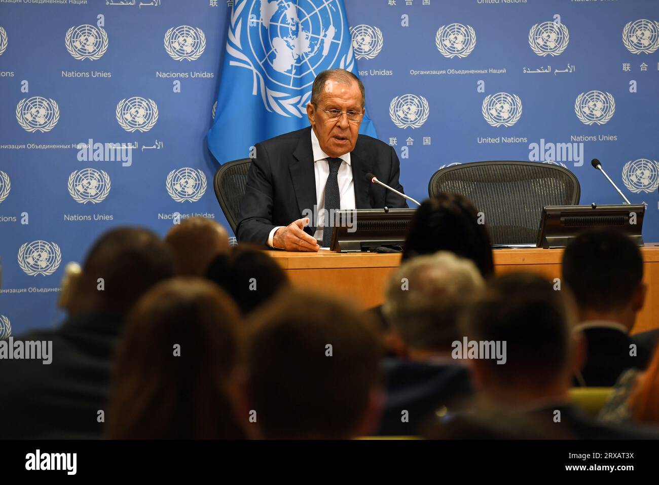 United Nations. 23rd Sep, 2023. Russian Foreign Minister Sergei Lavrov speaks at a press conference at the UN headquarters in New York, on Sept. 23, 2023. Credit: Li Rui/Xinhua/Alamy Live News Stock Photo