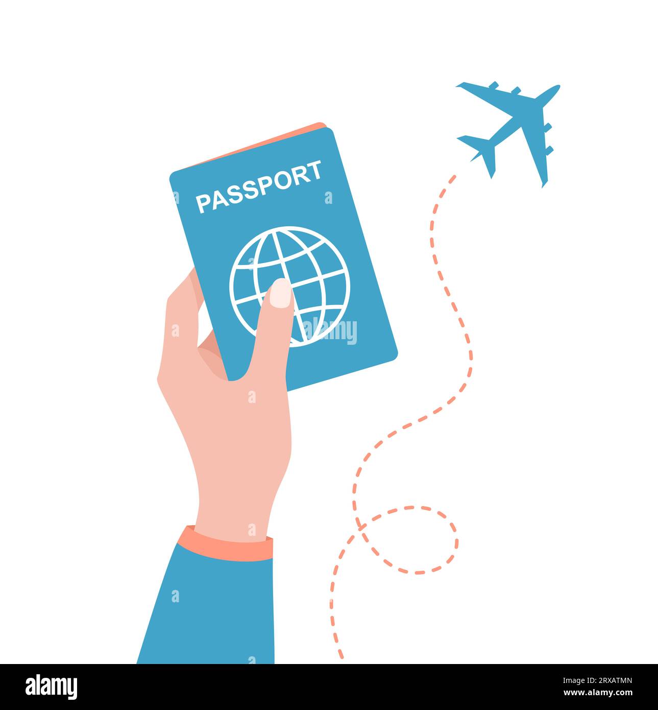 Hand with passport and flying plane isolated on white background. Flat vector illustration Stock Vector