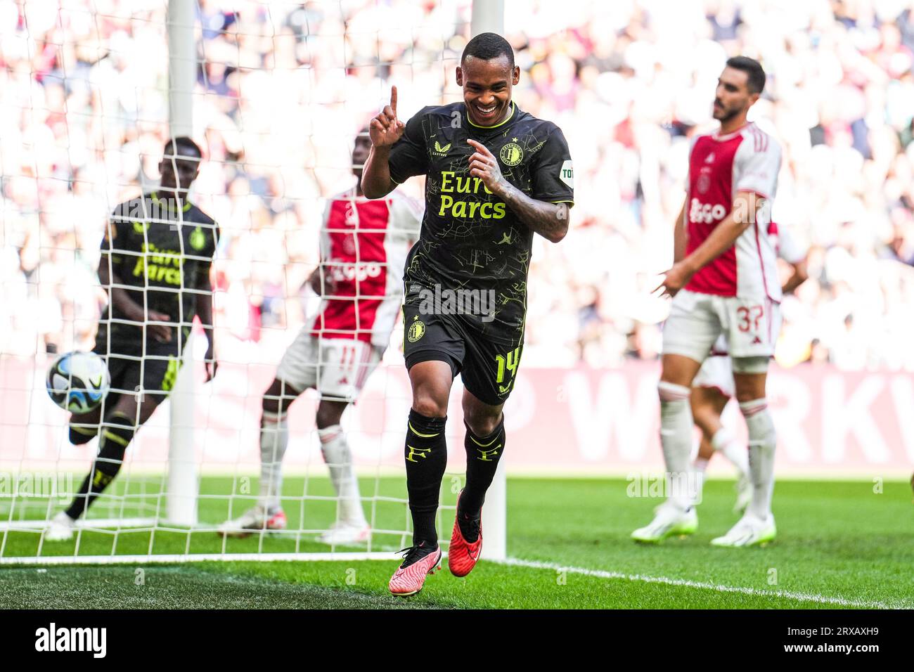 Amsterdam, The Netherlands. 24th Sep, 2023. Amsterdam - Igor Paixao of Feyenoord celebrates the 0-3 during the Eredivisie match between Ajax v Feyenoord at Johan Cruijff Arena on 24 September 2023 in Amsterdam, The Netherlands. Credit: box to box pictures/Alamy Live News Stock Photo