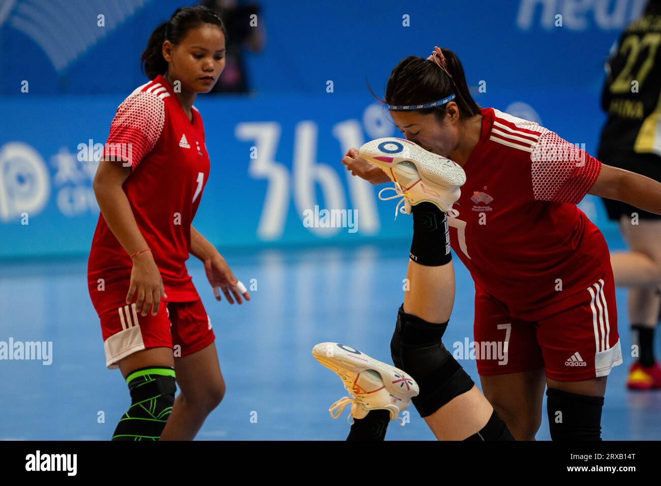 Nepal's Rai Bandana challenges for the ball during the women's ...