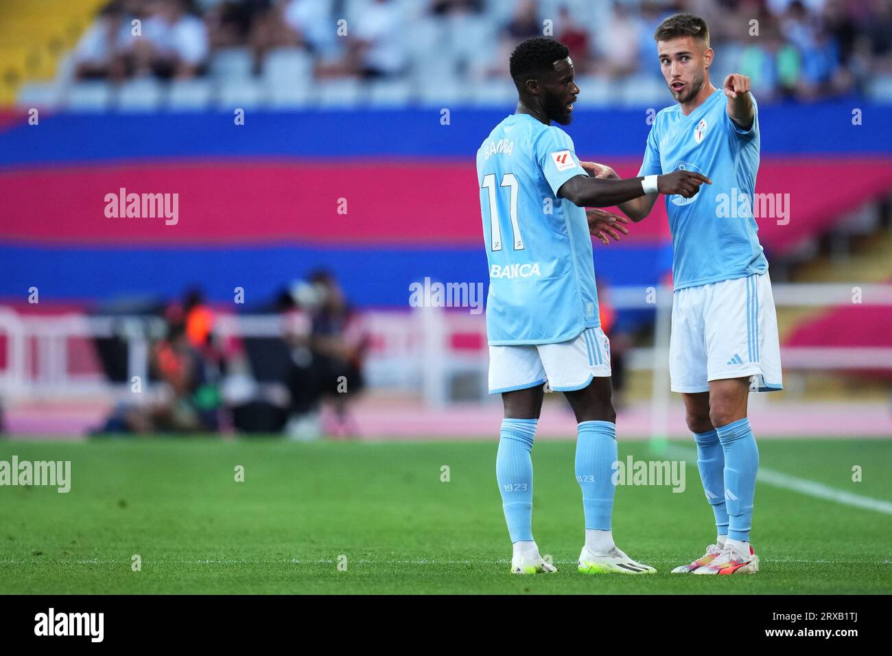 Jonathan Bamba of RC Celta and Oscar Mingueza of RC Celta during the La Liga EA Sports match between FC Barcelona and RC Celta played at Lluis Companys Stadium on September 23, 2023 in Barcelona, Spain. (Photo by Bagu Blanco / PRESSINPHOTO) Stock Photo