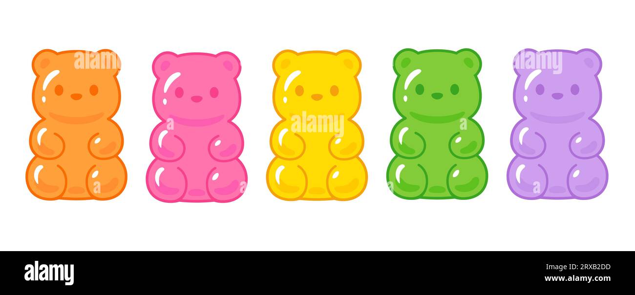 Cute cartoon gummy bears drawing set. Colorful bear shaped candy vector clip art Illustration. Stock Vector