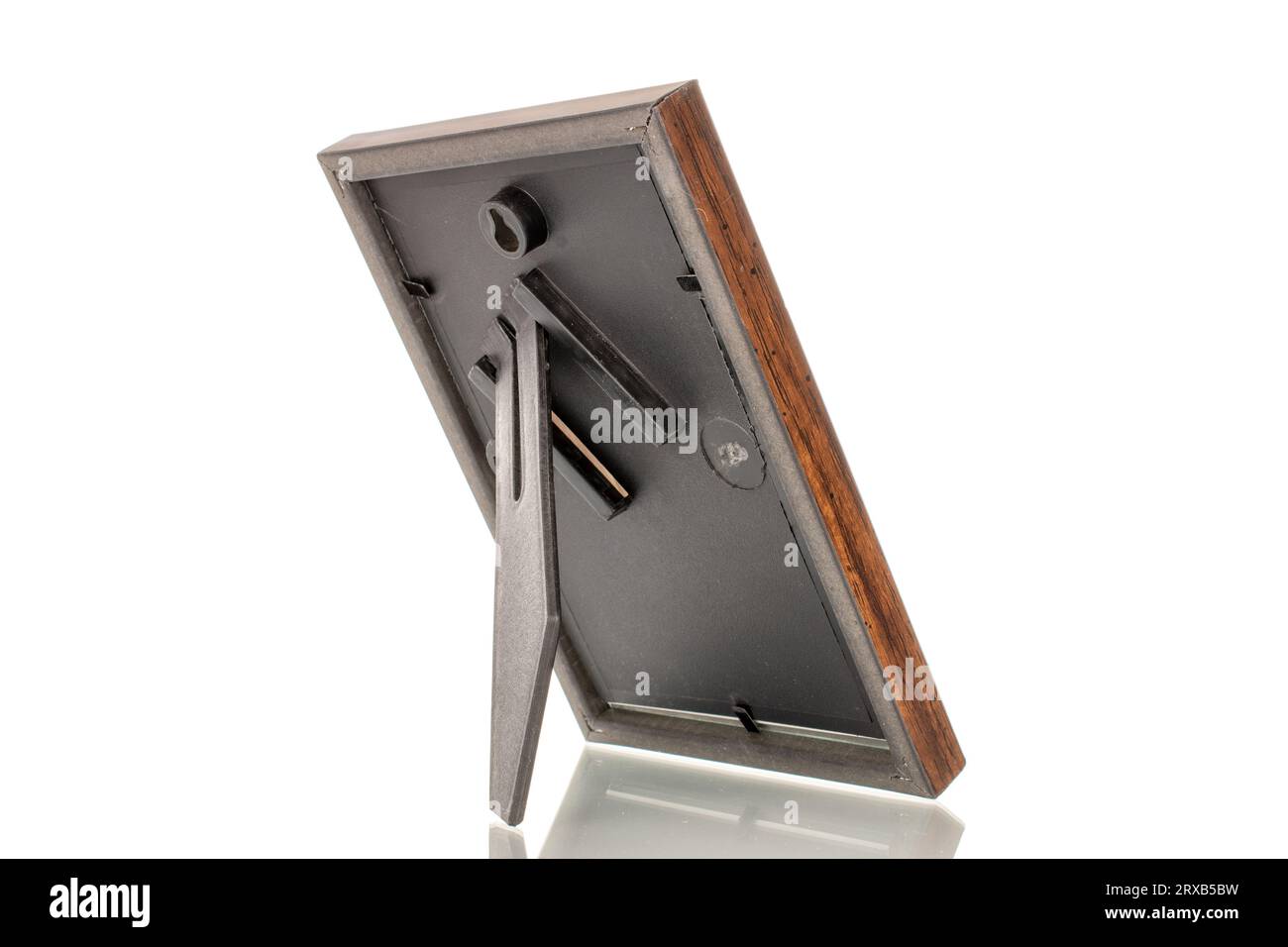 One wooden photo frame, macro, isolated on white background Stock Photo