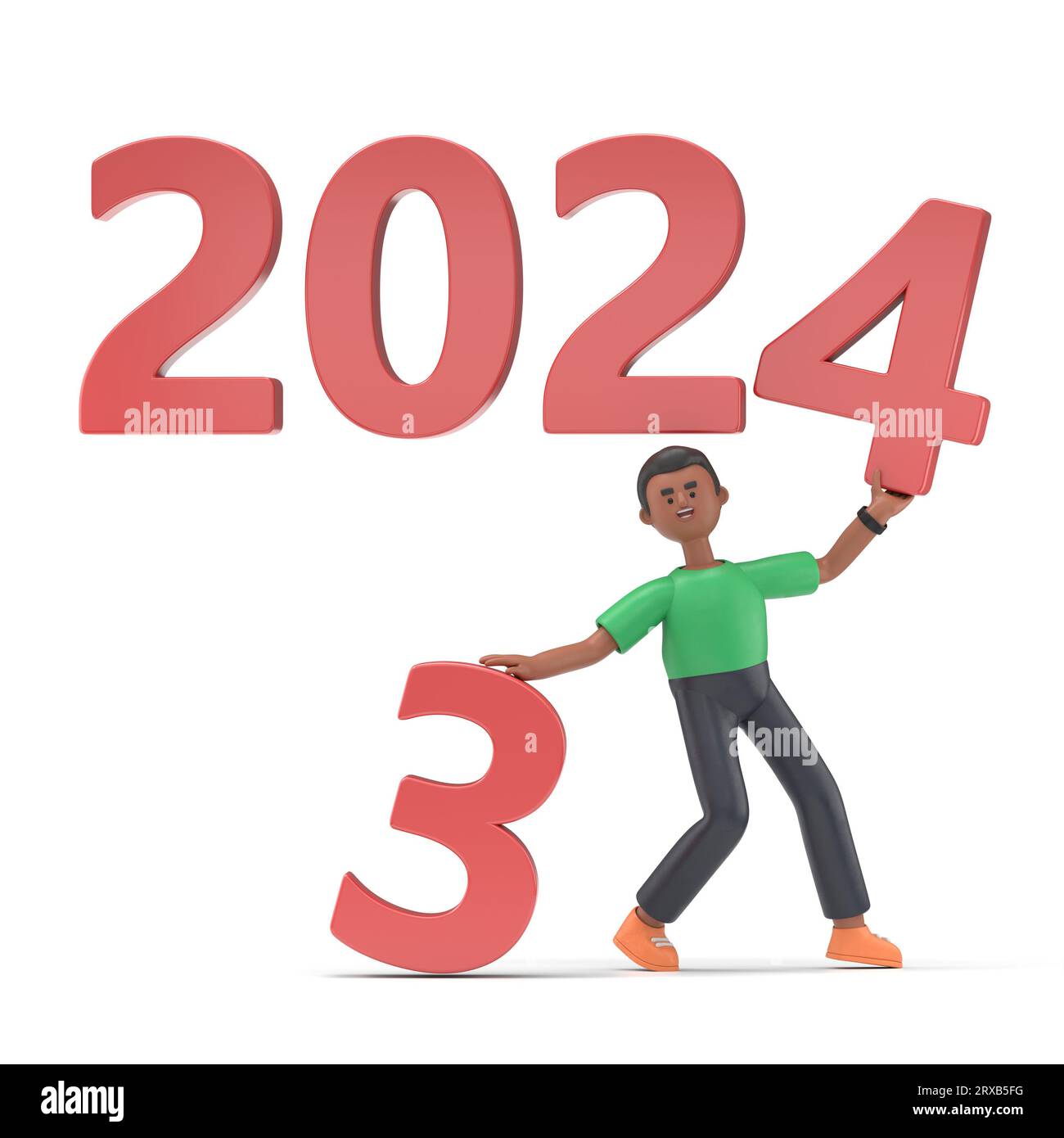 3D illustration of smiling handsome afro man David tears off a sheet with 3  and sets the new year 2024. Goodbye 2023. Change year. 3D rendering on whi  Stock Photo - Alamy
