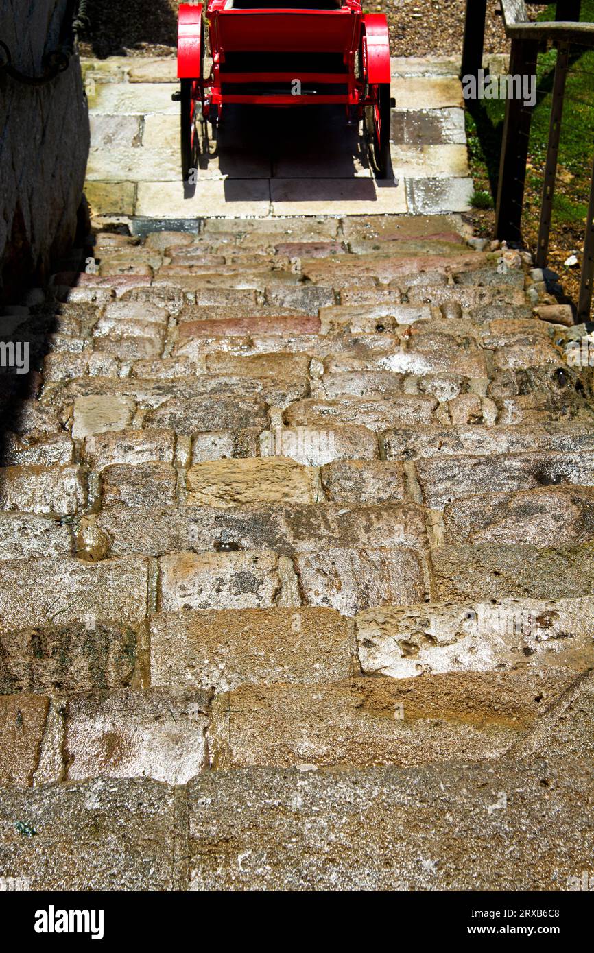 Stone steps leading down to a horse drawn carriage Stock Photo