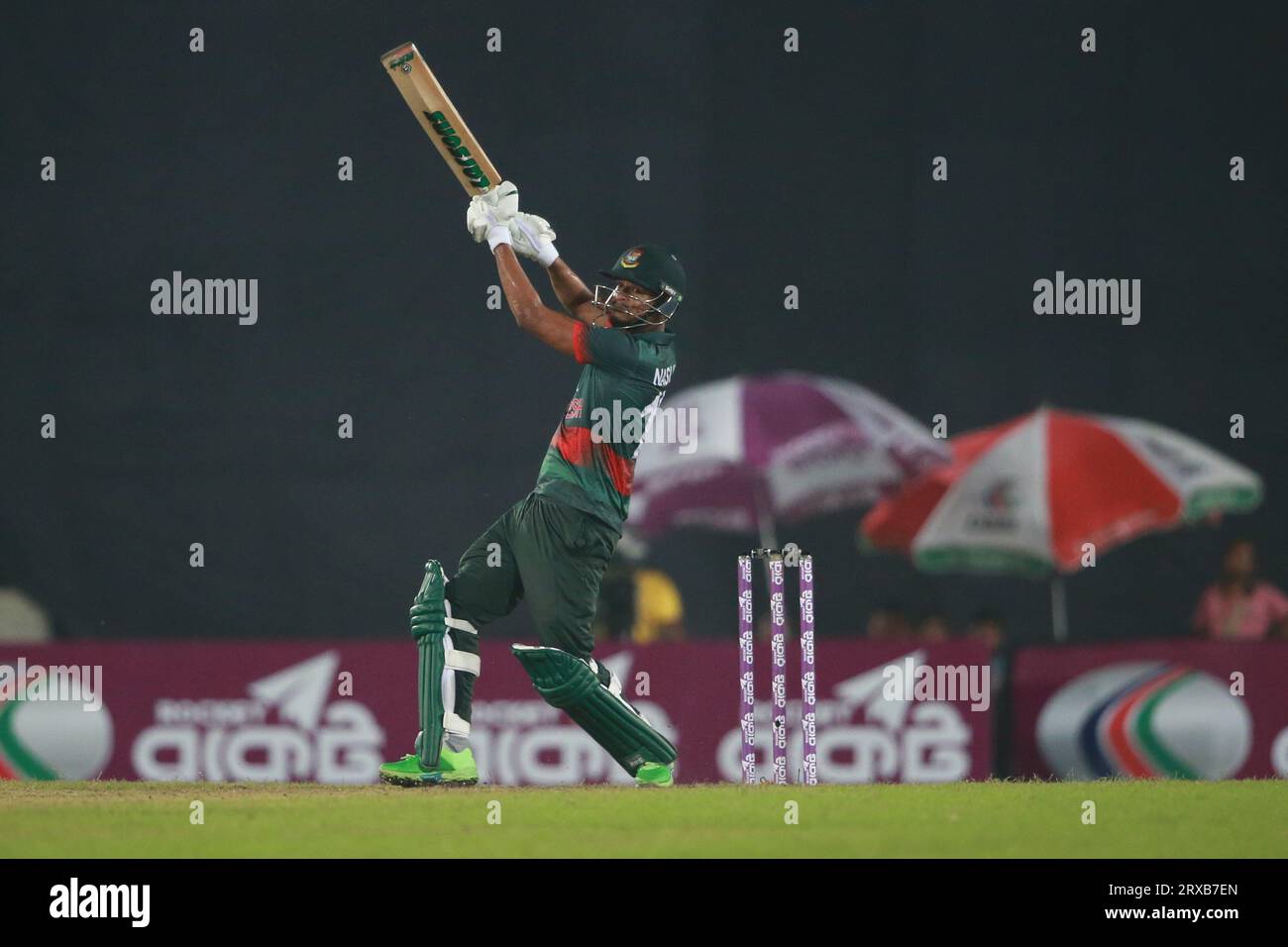 Bangladeshi all rounder Nasum Ahmed bats during the Bangladesh and New Zealand 2nd ODI match of three match series at Sher-e-Bangla National Cricket S Stock Photo