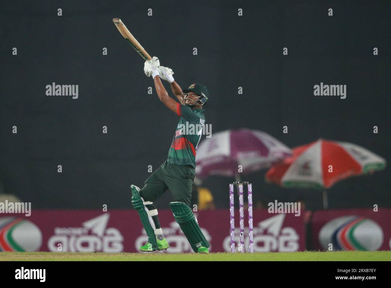 Bangladeshi all rounder Nasum Ahmed bats during the Bangladesh and New Zealand 2nd ODI match of three match series at Sher-e-Bangla National Cricket S Stock Photo