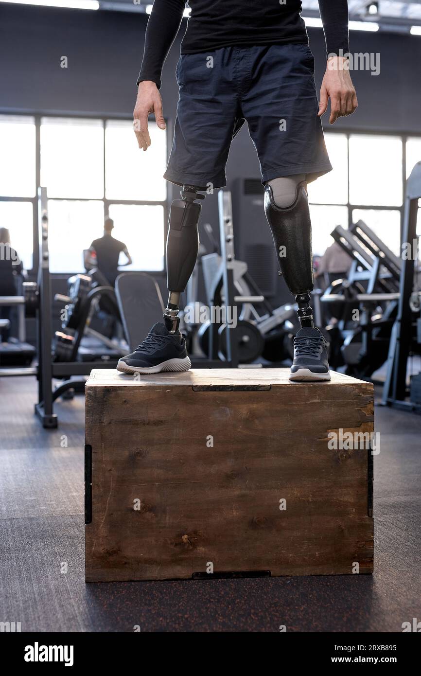 close up cropped shot of Prosthetic Leg on fit box, the impossible is possible, being on the height of life, stimulus Stock Photo