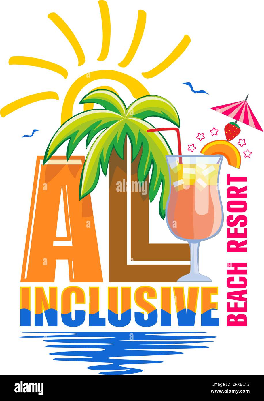 All inclusive beach resort. Invitation template with sea, sun, palm tree, cocktail. Summer holiday vector advertisement Stock Vector