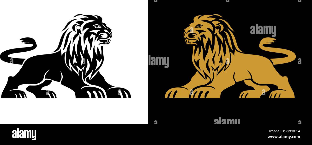 Strong Lion king logo template. Lion standing sign, emblem isolated on white and black background. Vector flat style for graphic and web design, logo, Stock Vector