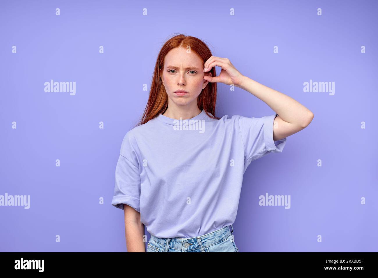 depressed angry ginger deaf mute girl saying no, not with hand, close