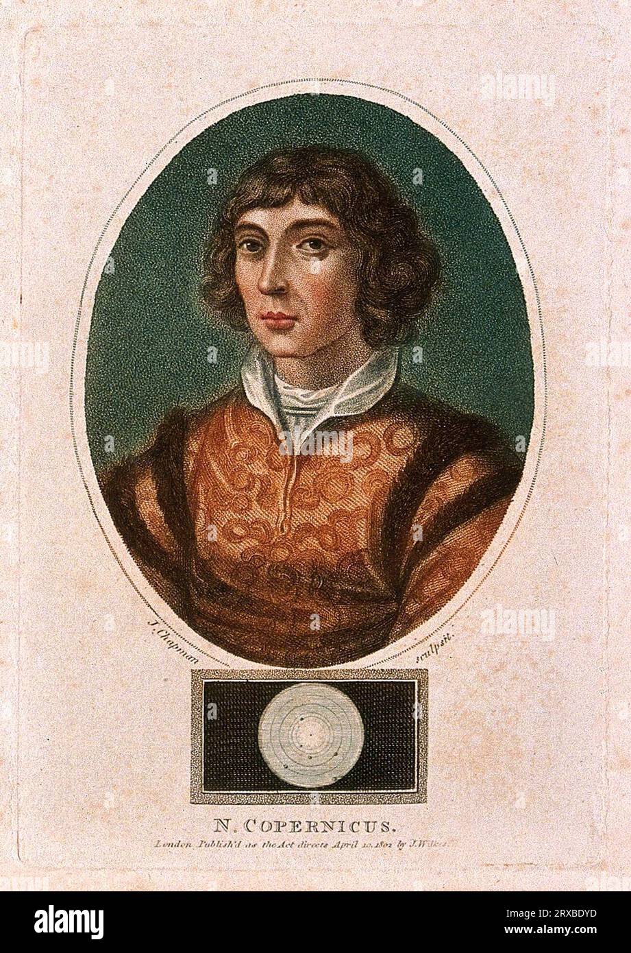 Nicolaus Copernicus, 1473 – 1543, coloured stipple engraving by J. Chapman 1802 Stock Photo