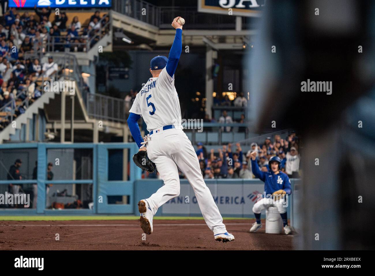 Los Angeles Dodgers first baseman Freddie Freeman (5) celebrates a catch in foul territory during a MLB game against the San Francisco Giants, Friday, Stock Photo