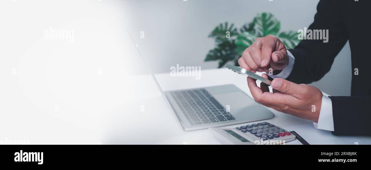 Businessman checking email on the phone screen. New email notification concept for business email communication and digital marketing. Inbox receives Stock Photo