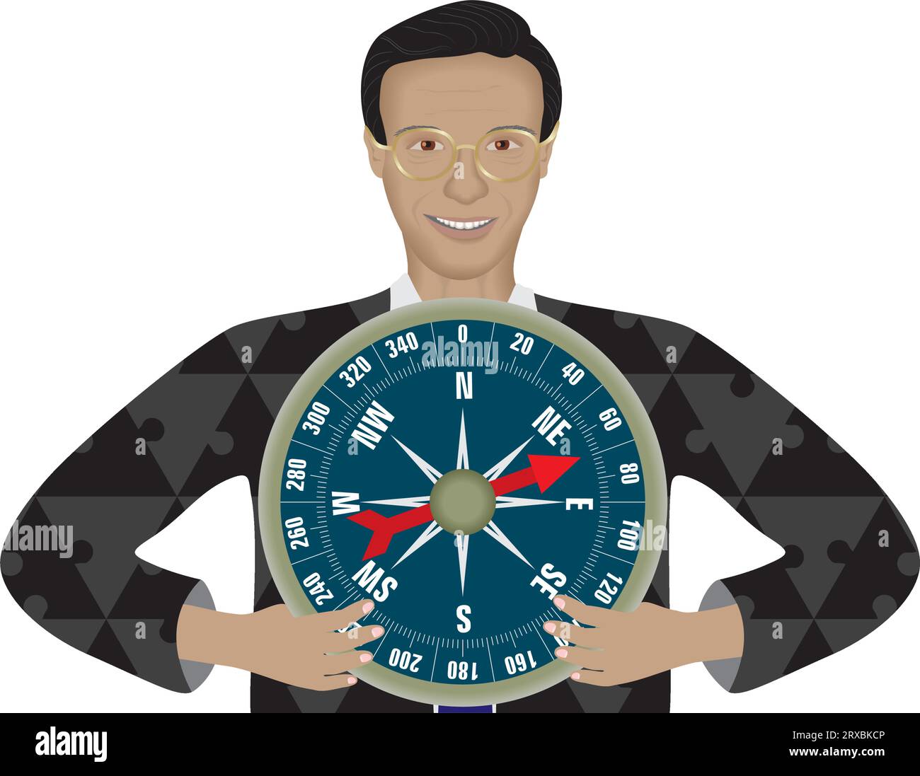 Man with big compass. Showing the direction. Isolated. Vector illustration Stock Vector Image