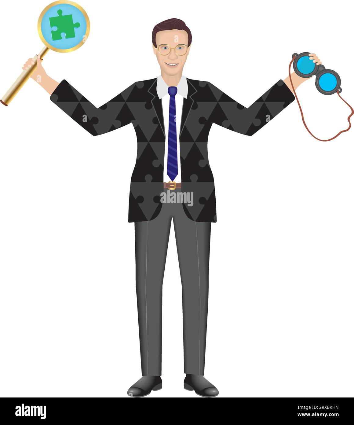Cool mature man with magnifying glass and binoculars. Dressed in puzzle piece pattern costume. Isolated. Vector illustration. Stock Vector