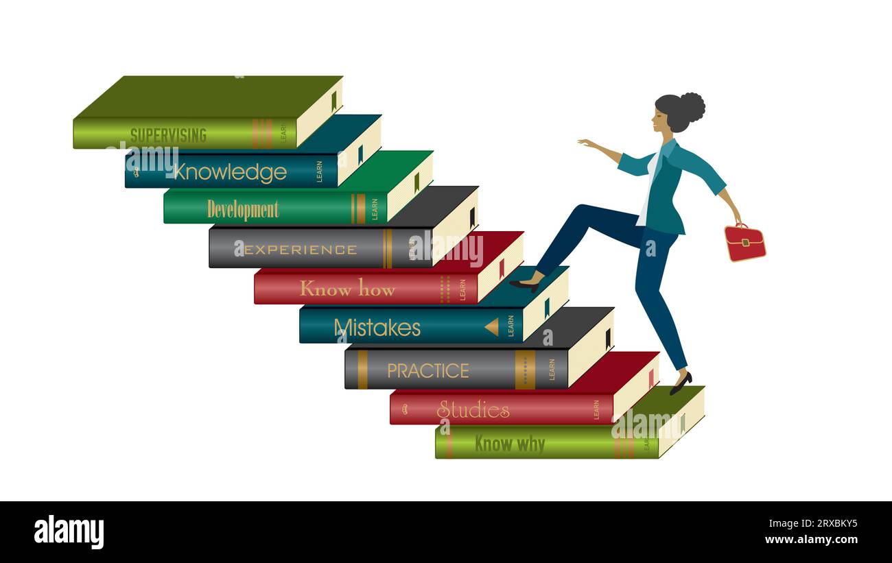 Woman running upstairs on pile of books. Isolated. Vector illustration. Stock Vector