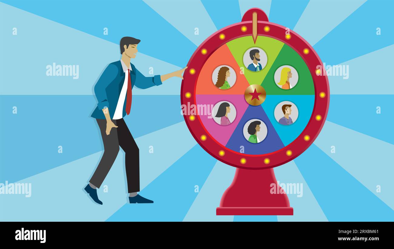 Man at spinning wheel, wheel of fortune with different possible winners