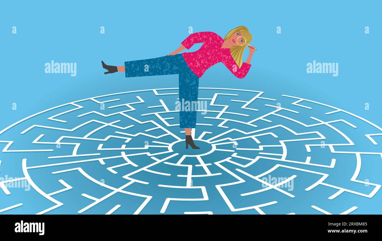 Woman, girl with magnifying glass standig on labyrinth, maze game