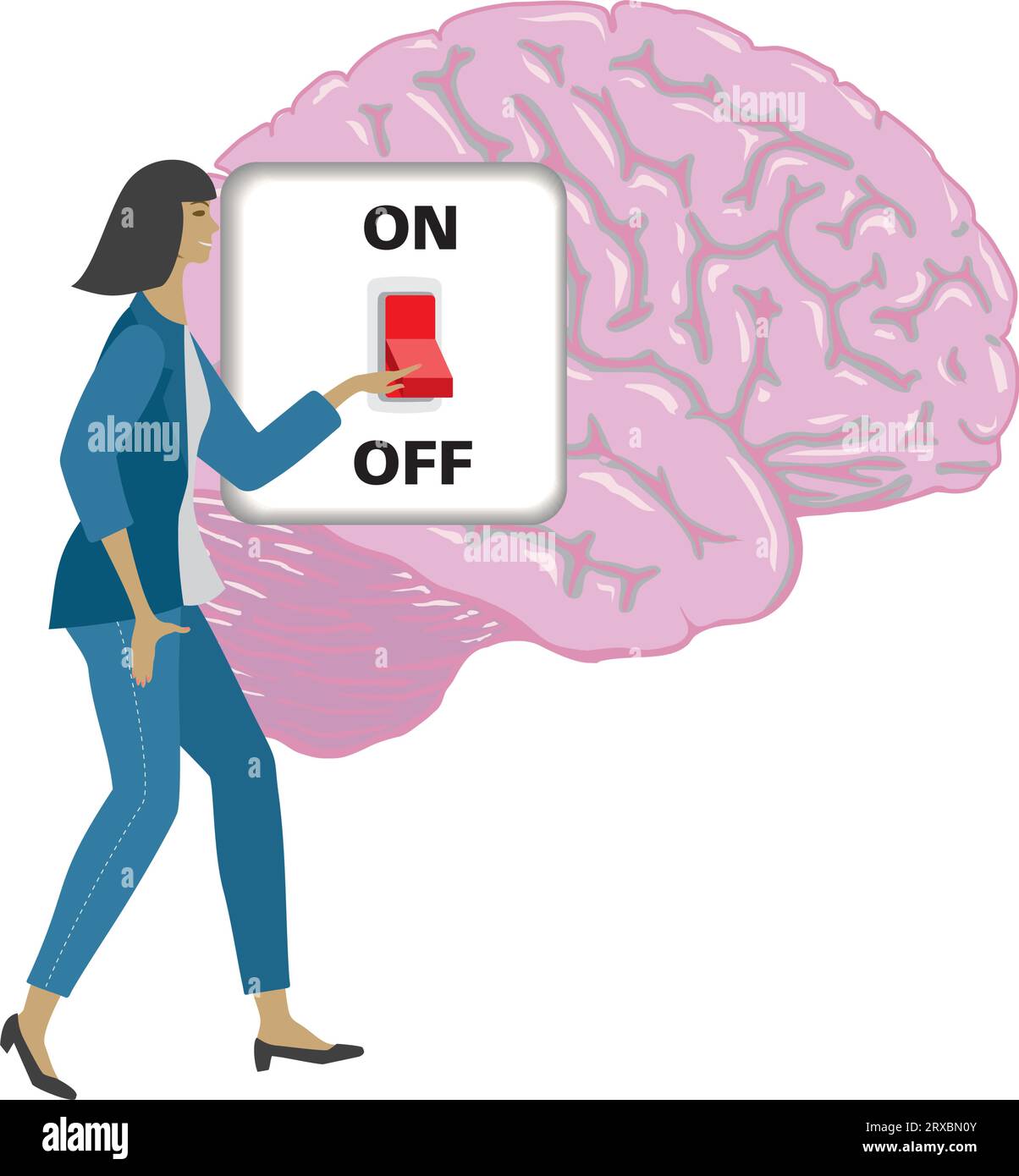 Woman turning off brain with switch. Isolated. Vector illustration. Stock Vector