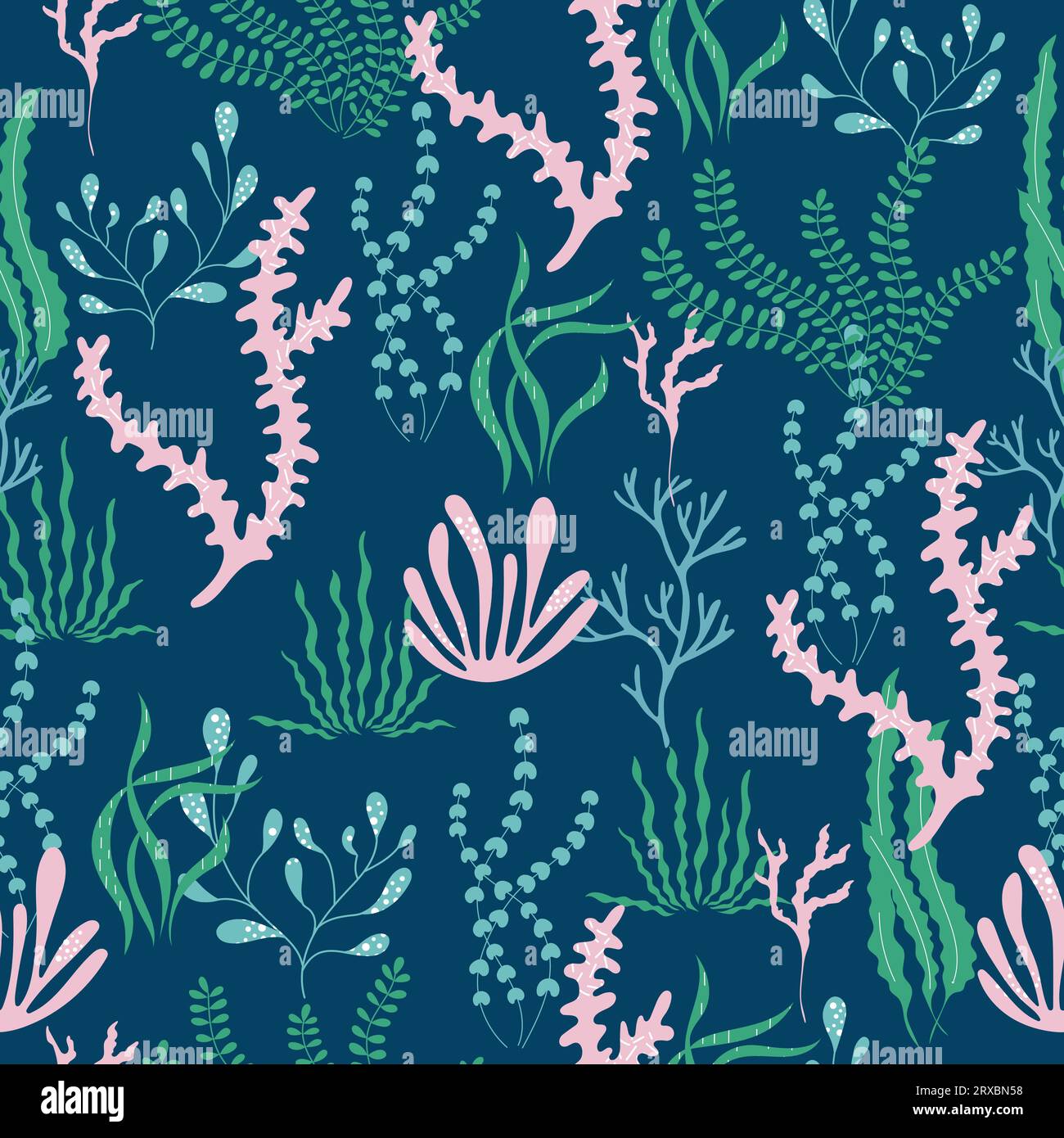Bright seamless pattern with hand drawn underwater plants. Wavy ...