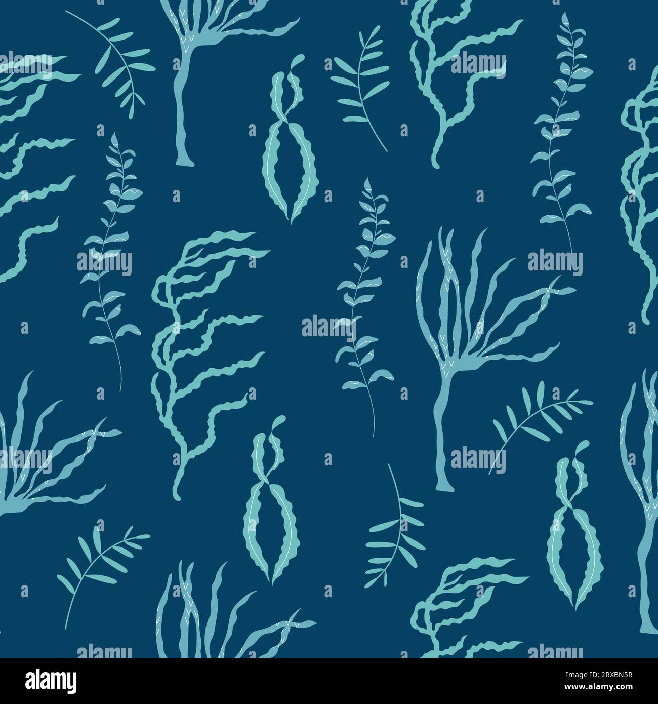 Simple seamless pattern with blue hand drawn seaweeds on dark background. Stock Vector