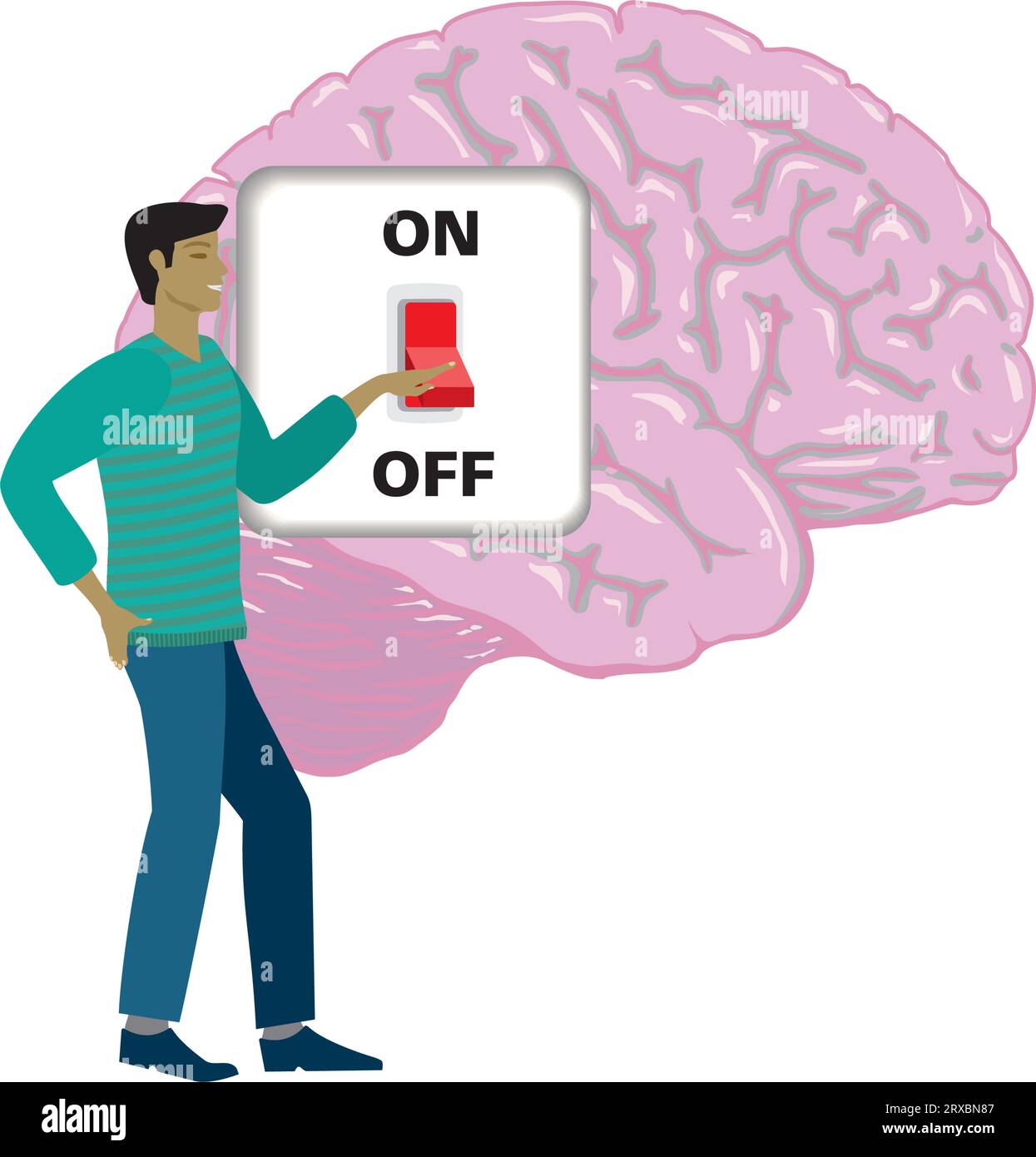 Man turning off brain with switch. Isolated. Vector illustration. Stock Vector