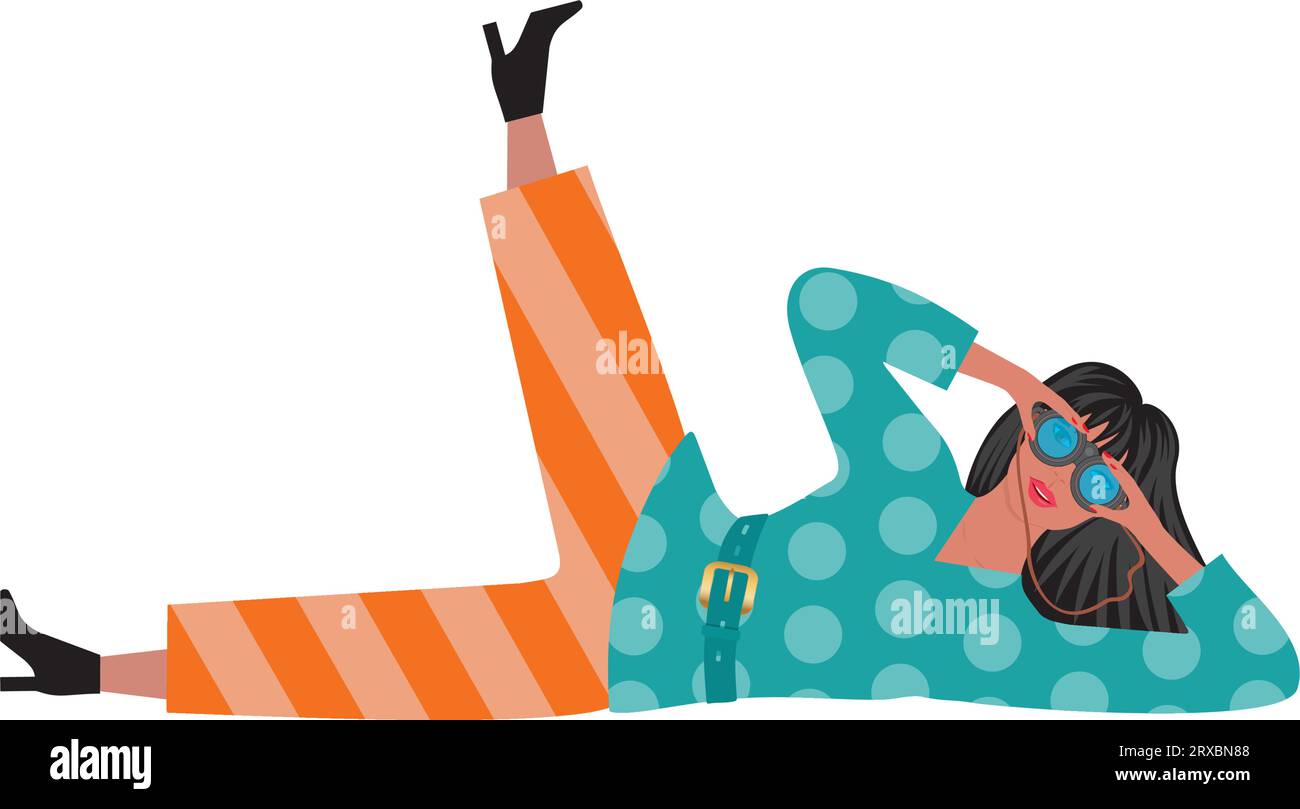 Curious woman lying down and looking through binoculars. Isolated