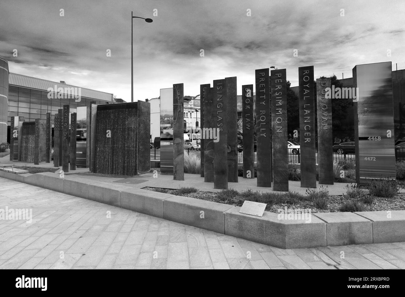 The Nameplates Sculpture outside Doncaster Railway Station, Doncaster town, South Yorkshire, England, UK Stock Photo