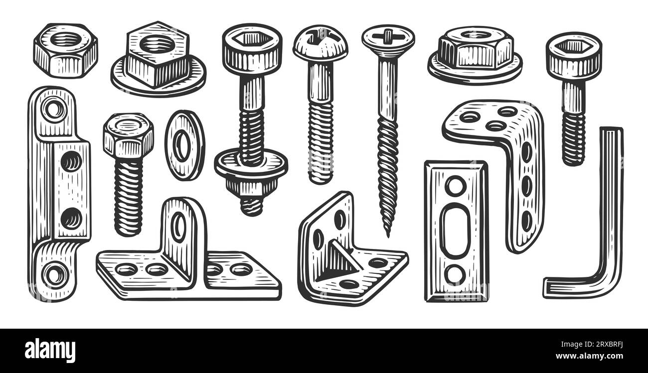 Set of steel bolts and nuts, screw, dowel, metal anchor bolt