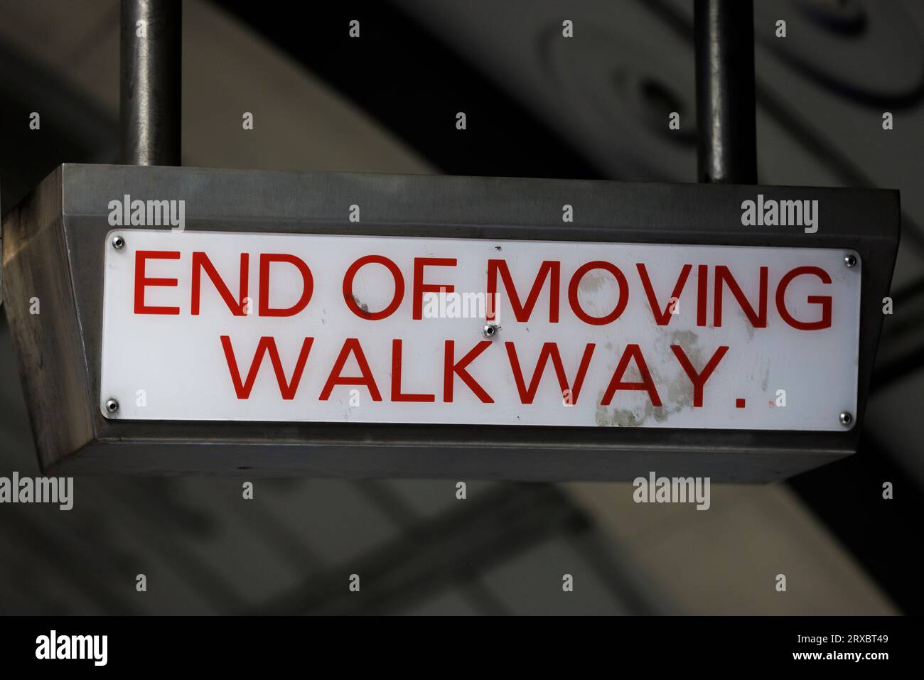 End of Moving Walkway sign and the end of a travelator at Waterloo Underground Station, London Stock Photo