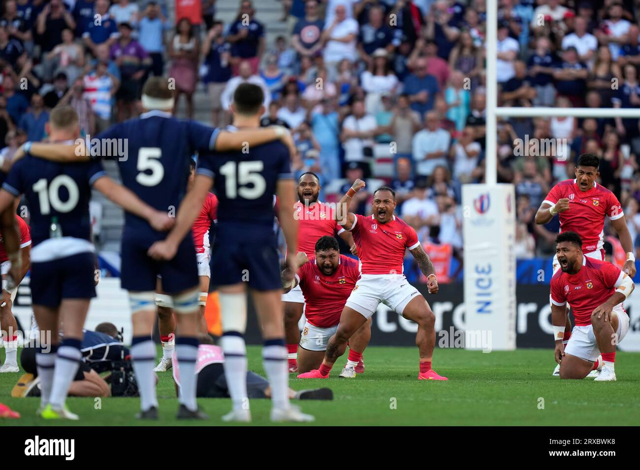 Tonga's players perform a haka before the Rugby World Cup Pool B match ...